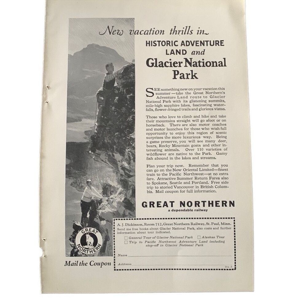 Vintage 1927 Great Northern Glacier National Park Ad Advertisement